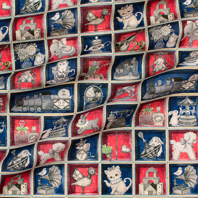 生地 22fabric -ニャンニャンファブリック- 10th collection TOYナイトボックス/綿麻シーチング(DP-4856) 5C.レッド×ネイビー 09Ac04j