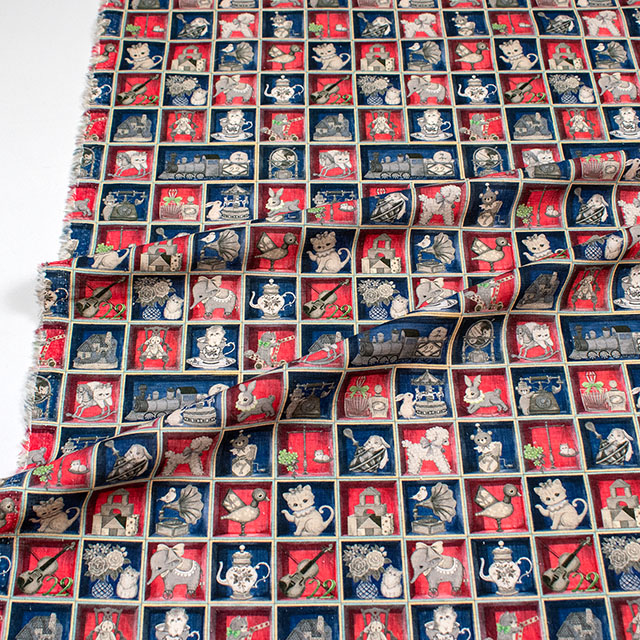 生地 22fabric -ニャンニャンファブリック- 10th collection TOYナイトボックス/綿麻シーチング(DP-4856) 5C.レッド×ネイビー 09Ac04j