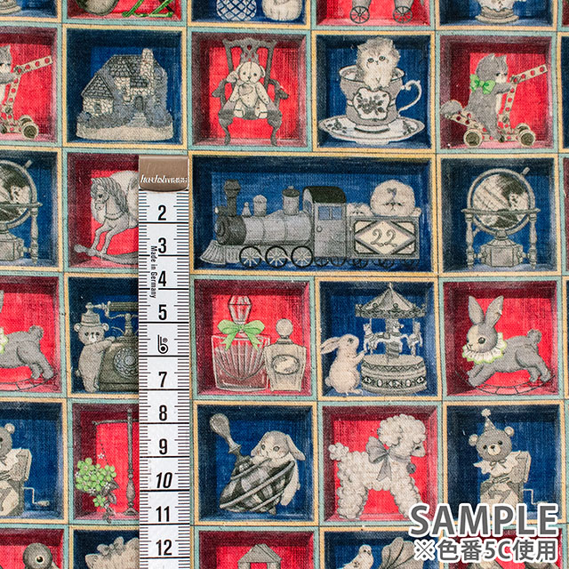 生地 22fabric -ニャンニャンファブリック- 10th collection TOYナイトボックス/綿麻シーチング(DP-4856) 5C.レッド×ネイビー 09Ac04j