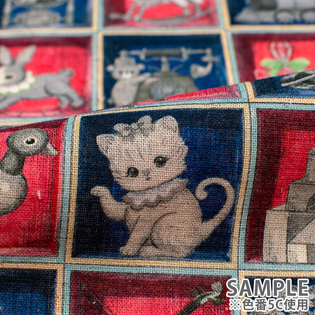 生地 22fabric -ニャンニャンファブリック- 10th collection TOYナイトボックス/綿麻シーチング(DP-4856) 5C.レッド×ネイビー 09Ac04j