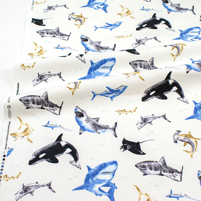 生地 オックスキッズプリント サメ柄(AP61801H) 2A.オフ 09Ae99_