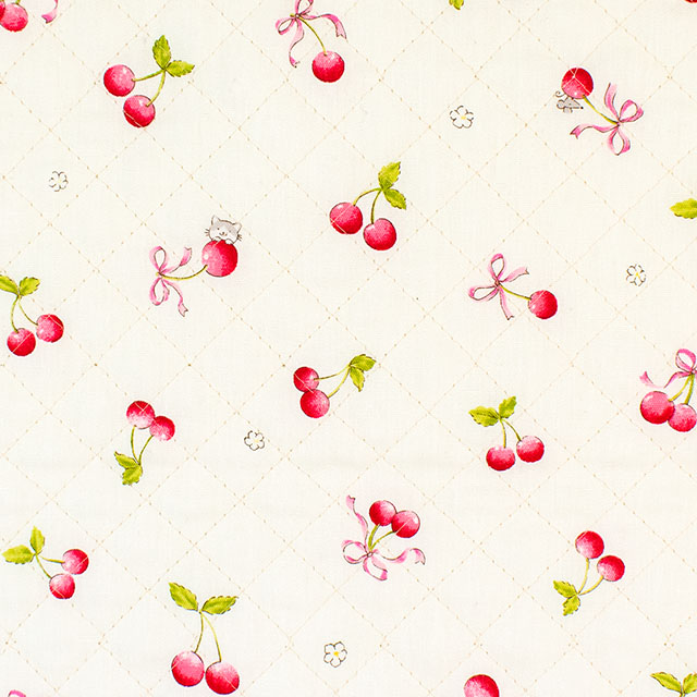 生地 キッズランド さくらんぼ&リボン/キルティング(AQ25001) 2A.オフ 09Ae99_