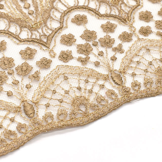 フランス製 ラメ刺繍チュールレース（3690） 1516/580.ベージュ×ゴールド (H)_4b_