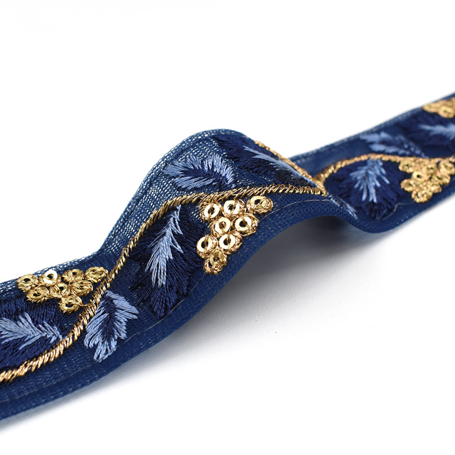 インド製刺繍リボン スパイラルリーフ(34) 1m入り 20.ネイビー 07Ab99_
