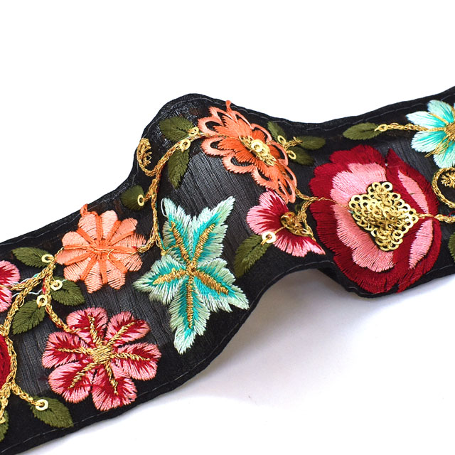インド製刺繍リボン スワールガーデン （06） 1m入り BK.ブラック×マルチ (H)_4b_