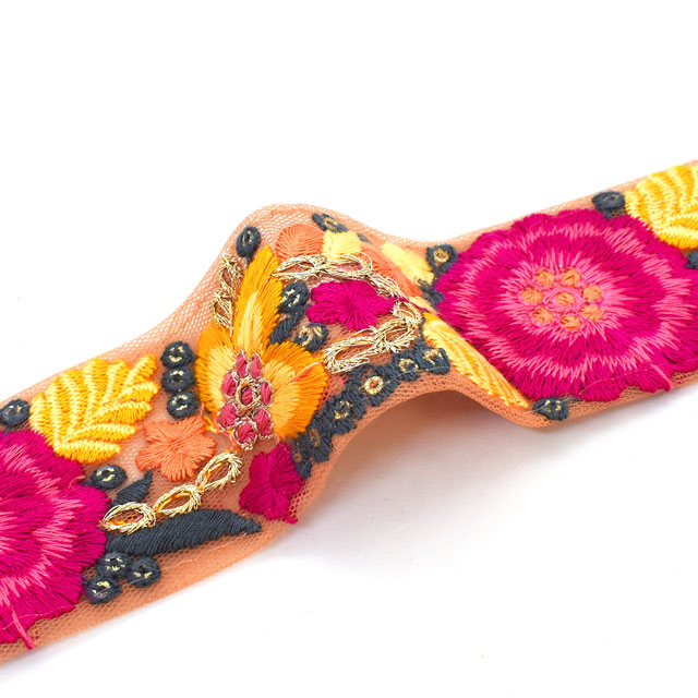 インド製刺繍リボン ビッグブルーム （08） 80cm入り 2.オレンジ×フューシャ (H)_4bj