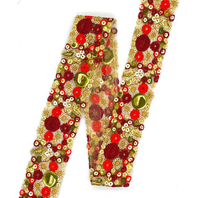 インド製刺繍リボン シャイニーフラワーL （12） 1m入り RED.レッド (H)_4b_
