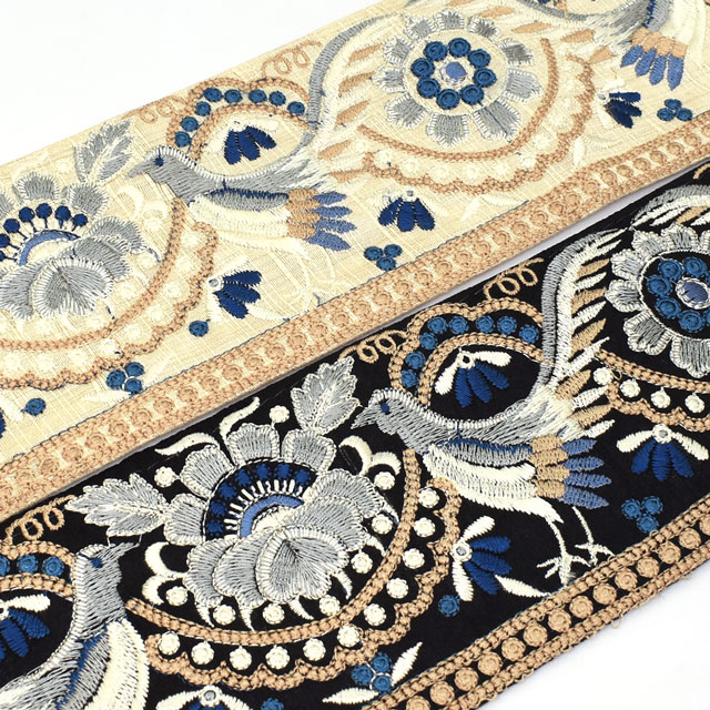 インド製刺繍リボン グラデーションワグテール （13） 80cm入り 1.ブラック×ブルー (H)_4bj