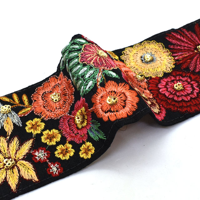 インド製刺繍リボン フラワーバリエ 18 80cm入り 1 ブラック マルチ H 4bj オカダヤ Okadaya 布 生地 毛糸 手芸用品の専門店