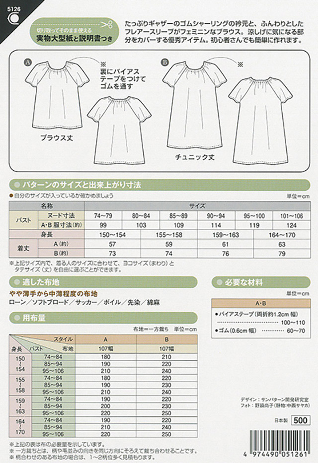 ソーイングパターン 型紙 ギャザーネックブラウス 5126 H Ki オカダヤ Okadaya 布 生地 毛糸 手芸用品の専門店