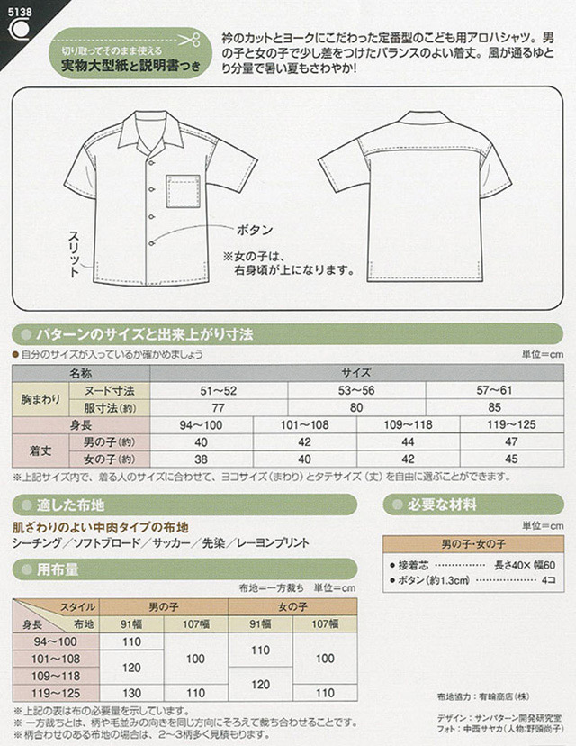 柔らかな質感の アロハシャツ 型紙