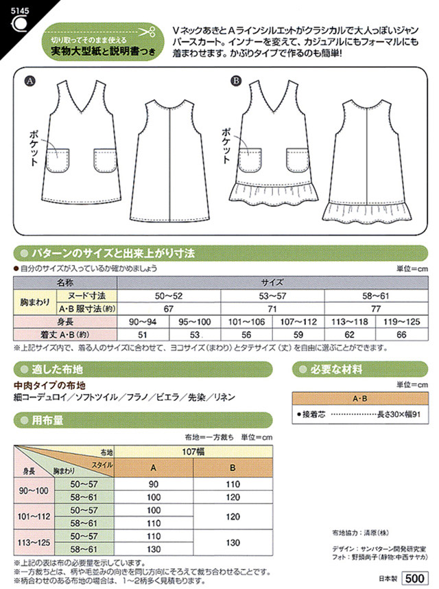 ソーイングパターン 型紙 こどもvネックジャンパースカート 5145 H Ki オカダヤ Okadaya 布 生地 毛糸 手芸用品の専門店