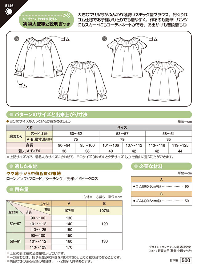 ソーイングパターン 型紙 こどもフリルカラーブラウス 5146 H Ki オカダヤ Okadaya 布 生地 毛糸 手芸用品の専門店