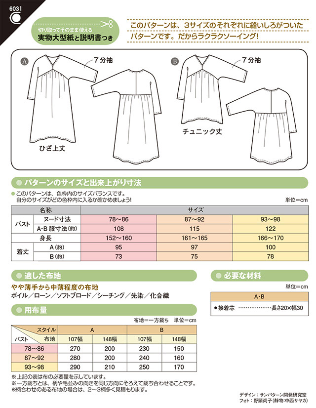 ソーイングパターン 型紙 Vネックギャザーチュニック 6031 H Ki オカダヤ Okadaya 布 生地 毛糸 手芸用品の専門店